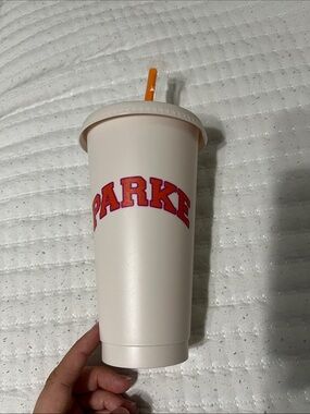 Parker Cream Cup with Pink-Red Lettering and Orange Straw
